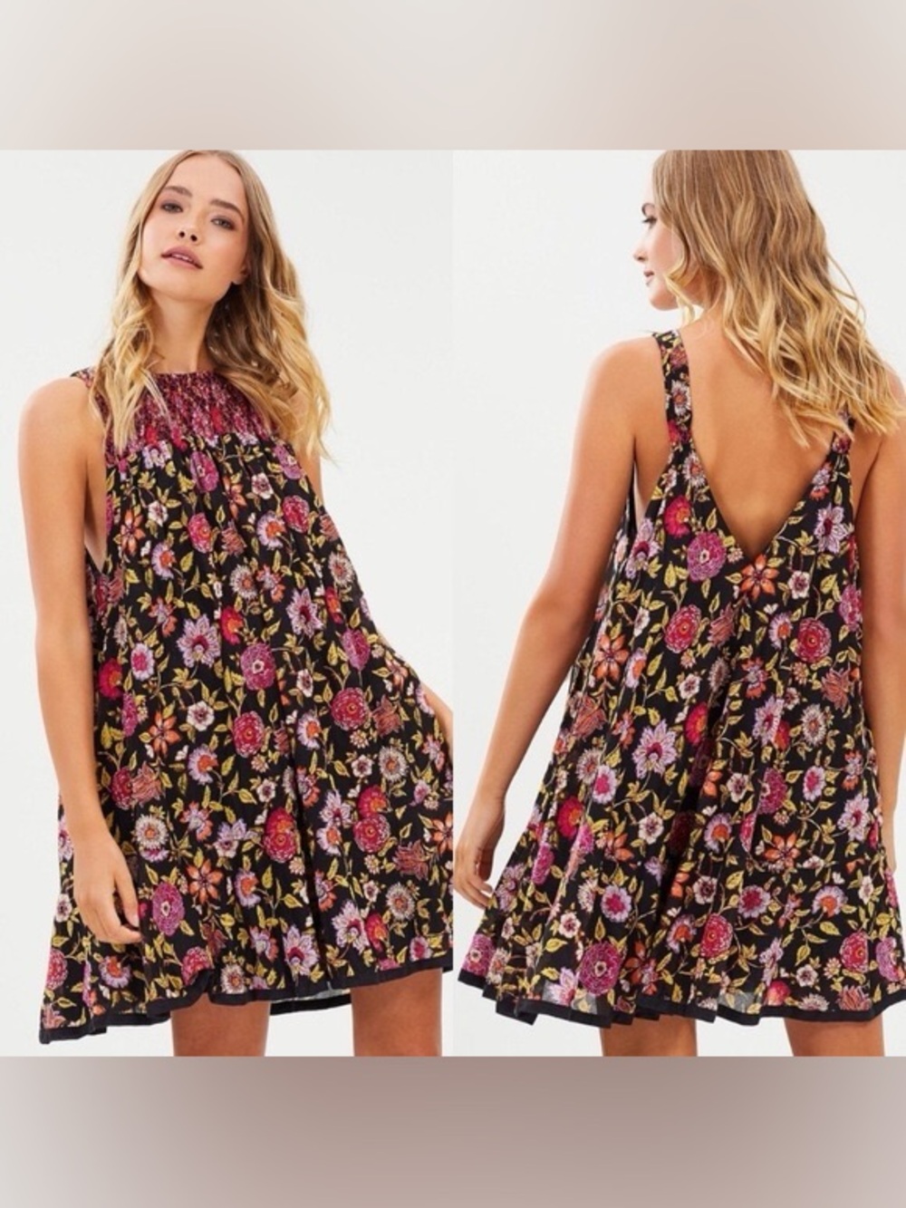 Free People Oh Baby Floral Smocked Boho Mini Dress Black Size L
